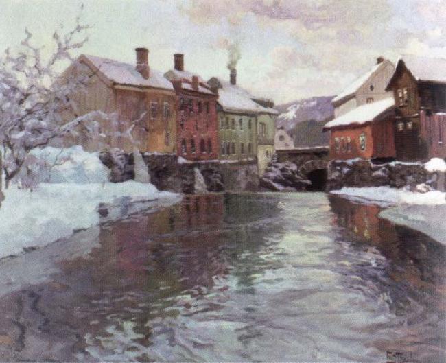 Frits Thaulow snow covered buildings by a river Sweden oil painting art